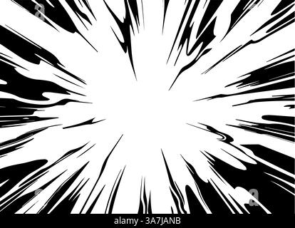 Speed lines within a frame for manga comic books. Radial motion backdrop featuring flashes and lightning. Monochrome explosion and glowing flashes. Ve Stock Vector