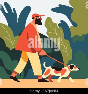 A vibrant digital illustration of a man walking his dog. The bold colors and dynamic composition capture the joy of outdoor activities and companionsh Stock Vector
