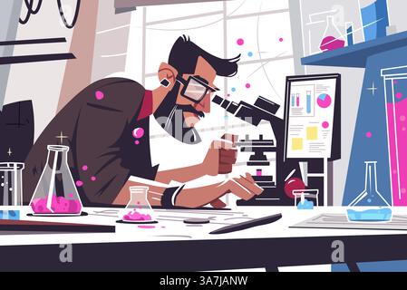 Simple flat vector illustration of male scientist in laboratory. He is surrounded by scientific equipment and test tubes, showcasing a modern and clea Stock Vector