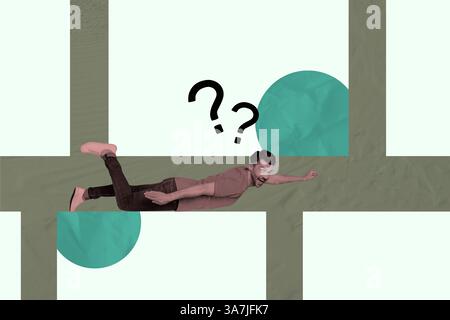 3d sketch poster trend collage image of happy guy fly inside maze trap riddle question mark decision finding overwhelmed Stock Photo