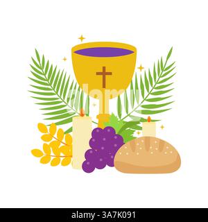 Holy Communion Symbols with Chalice, Bread, Grapes, Candles, Palm Leaves, and Golden Wheat Stock Vector