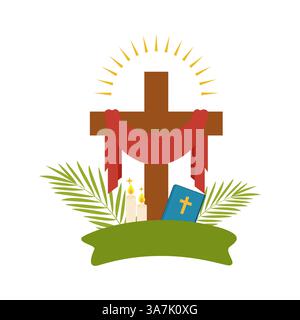 Christian Easter Cross with Red Cloth, Palm Leaves, Candles, Bible, and Sunburst Stock Vector