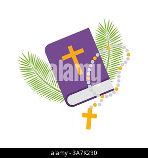 Holy Bible with Rosary Beads and Palm Leaves — Spiritual Christian Symbol of Faith and Devotion Stock Vector