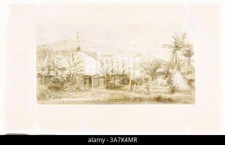 A serene landscape featuring traditional thatched-roof huts amidst lush palm trees, set against rolling hills. People can be seen engaged in daily activities, conveying a sense of community and connection to nature., Classic art with a modern twist reimagined by Artotop, New Caledonia: Large Native Hut on the Road from Balade to Puépo, 1845, 1863, Charles Meryon, French, 1821-1868, France, Etching with burnishing, scraping and drypoint in warm black ink on ivory laid paper Stock Photo