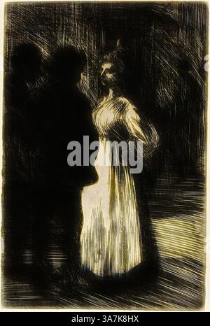 A woman in a flowing dress stands confidently, silhouetted against dark figures that surround her, creating an aura of mystery and intrigue. The play of light and shadow emphasizes her presence and the tension in the scene., Classic art with a modern twist reimagined by Artotop, Conversation at Night, 1898, Théophile-Alexandre Steinlen, French, born Switzerland, 1859-1923, France, Etching from a zinc plate on thick cream wove paper Stock Photo