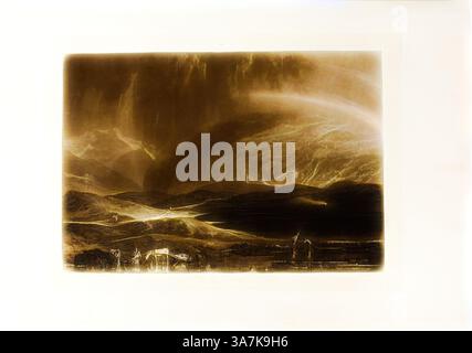A dramatic landscape unfolds, featuring rugged mountains illuminated by a mix of light and shadow, with layered clouds swirling above. In the foreground, a calm body of water reflects the contours of the land, while distant silhouettes of trees and structures add depth to the serene scene., Classic art with a modern twist reimagined by Artotop, Peat Bog, Scotland, plate 45 from Liber Studiorum, published April 23, 1812, Joseph Mallord William Turner (English, 1775-1851), Engraved by G. Clint (English, 1770-1854), England, Etching and engraving in brown on ivory laid paper Stock Photo