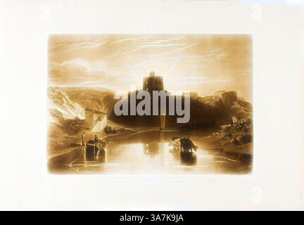 A serene landscape features a calm river reflecting the towering structure of a castle or fortress atop a rocky hill, surrounded by gently rolling terrain. Two figures are seen near the water's edge, while the sky above is illuminated with soft rays, creating a peaceful atmosphere., Classic art with a modern twist reimagined by Artotop, Norham Castle, plate 57 from Liber Studiorum, published January 1, 1816, Joseph Mallord William Turner (English, 1775-1851), Engraved by Charles Turner (English, 1773-1857), England, Etching and engraving in brown on ivory laid paper Stock Photo