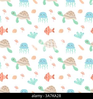 Colorful marine life pattern with turtles, jellyfish, and fish. Stock Vector