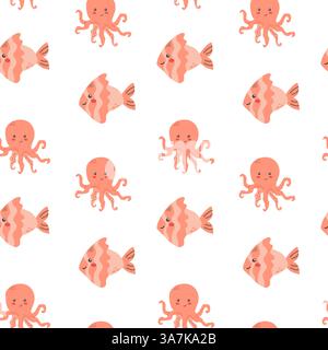 Cute sea creatures pattern featuring smiling octopuses and fish. Stock Vector
