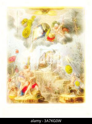 A fantastical scene featuring allegorical figures engaged in various forms of celebration and artistry, surrounded by celestial elements. Ethereal beings adorn the upper portion, while dynamic human figures interact with symbolic objects, emphasizing themes of creativity and inspiration. Bright accents enhance the dreamlike quality, lending an air of exuberance and whimsy to the composition., Classic art with a modern twist reimagined by Artotop, Confederated Coalition, published April 24, 1804, James Gillray (English, 1756-1815), published by Hannah Humphrey (English, c. 1745-1818), England, Stock Photo
