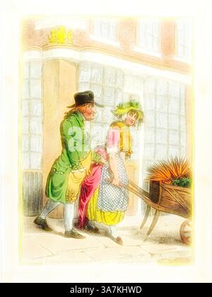 A man and woman in historical attire are engaged in a lighthearted exchange as they push a wheelbarrow filled with spiky, colorful plants. The woman, wearing a bonnet and a patterned dress, appears mildly annoyed, while the man, dressed in a bright outfit, is cheerfully animated. The backdrop features an elegant building with large glass windows., Classic art with a modern twist reimagined by Artotop, Sandwich-Carrots!-Dainty Sandwich-Carrots, published December 3, 1796, James Gillray (English, 1756-1815), published by Hannah Humphrey (English, c. 1745-1818), England, Etching in dark brown, wi Stock Photo