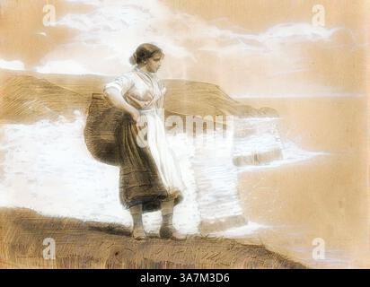 homer blue dress The Dinner Horn, Blowing the Horn at Seaside (1870) painting by Winslow  Homer – Blue Surf Art main image 1