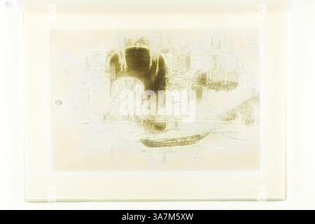 A serene scene depicting a small boat resting on calm waters, set against a backdrop of architectural forms and reflections. The composition blends elements of light and shadow, creating a dreamy, ethereal atmosphere., Classic art with a modern twist reimagined by Artotop, San Biagio, 1880, James McNeill Whistler, American, 1834-1903, United States, Etching and drypoint with foul biting, with drypoint cancellation, in brown ink on ivory laid paper Stock Photo