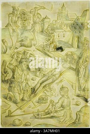 A group of workers is engaged in various activities on a construction site, featuring figures using tools like a pickaxe and shovel. In the background, a medieval town with towering structures can be seen, while one figure sits amid the laborers, adding an air of contemplation to the bustling scene., Classic art with a modern twist reimagined by Artotop, Christ Nailed to the Cross, page 85 from the Treasury (Schatzbehalter), 1491, Michael Wolgemut and Workshop (German, 1434/37–1519), published by Anton Koberger (German, 1440–1513), Germany, Woodcut on cream laid paper with letterpress on verso Stock Photo