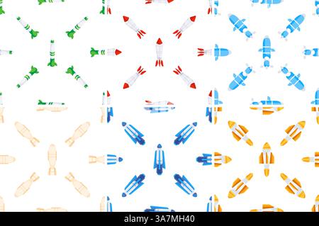 Seamless patterns with colorful missiles and bombs launching to the sky Stock Vector