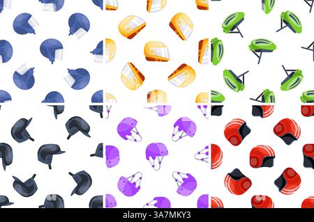 Seamless patterns with colorful helmets for different sports and activities, offering safety and protection Stock Vector