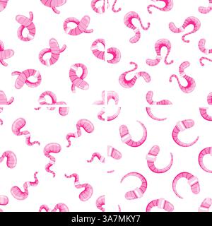 Pink Earthworms Seamless Pattern Crawling on White Background Stock Vector