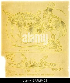 A whimsical illustration depicts a well-dressed man in a top hat interacting with a large, cartoonish figure resembling a frog. The scene features playful text referring to a convention, with the characters expressing exaggerated emotions as illustrated by the comic-style "BOOM!" and "BANG!" nearby. A secondary image shows a surprised bearded man emerging from water, adding to the humorous tone. The caption "O, WHAT A DIFFERENCE IN THE MORNING!" hints at a dramatic change or revelation., Classic art with a modern twist reimagined by Artotop, O, What A Difference In The Morning!, 1892, Unknown Stock Photo