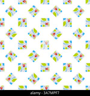 Seamless pattern of city maps showing location pin indicating destination on white background Stock Vector