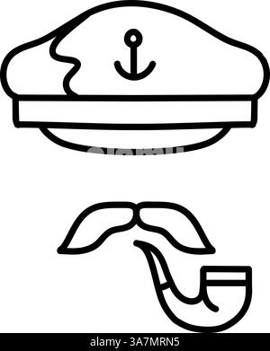 Ship captain hat and cigarette holder icon. Hand drawn vector illustration. Editable line stroke. Stock Vector