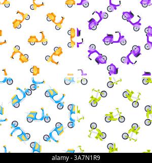 Colorful scooters and bikes composing a seamless pattern over white background Stock Vector