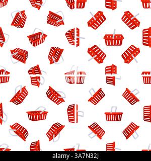 Red Shopping Baskets Seamless Pattern on White Background Stock Vector