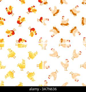 Seamless pattern with roosters crowing and hens laying eggs Stock Vector