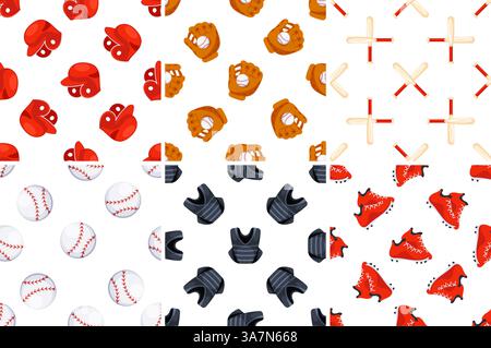 Seamless patterns with baseball equipment including balls, bats, gloves, helmets, cleats and chest protector Stock Vector