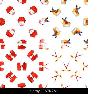 Ice Hockey Equipment Seamless Pattern with Helmet, Skates, Gloves and Sticks on White Background Stock Vector
