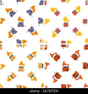 Vintage gramophones playing colorful music notes seamless pattern on white background Stock Vector