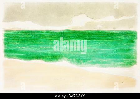 A serene seascape featuring gentle waves in striking green hues lapping against a sandy shore, beneath a softly clouded sky., Classic art with a modern twist reimagined by Artotop, The Sea at Bognor, 1895, Theodore Roussel, French, worked in England, 1847-1926, France, Color monotype, softground, and inkless intaglio on ivory laid paper Stock Photo