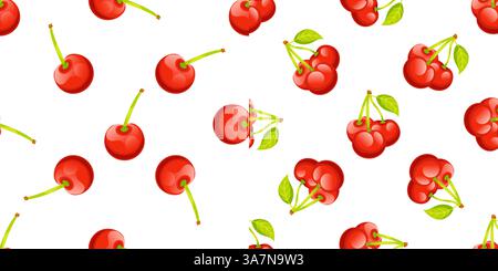 Seamless pattern with ripe red cherries and green leaves on white background Stock Vector