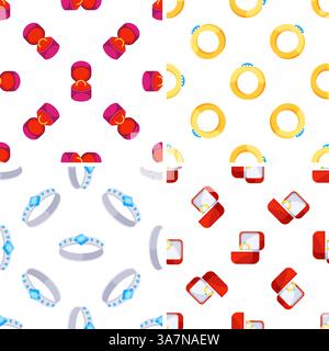 Seamless patterns with wedding and engagement rings in boxes and without on white background Stock Vector