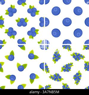 Set of seamless patterns with blueberries and leaves on white background Stock Vector