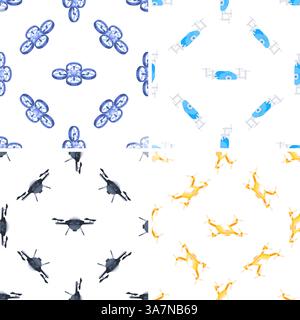 Seamless patterns with isometric drones flying and delivering packages Stock Vector
