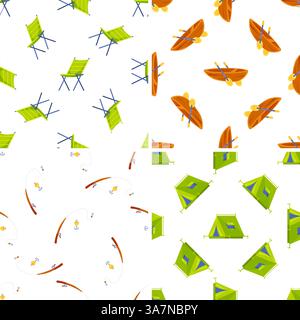 Camping seamless patterns showing folding chairs, fishing rods, kayaks and tents Stock Vector
