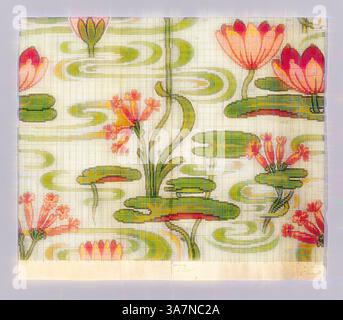 A vibrant and intricate textile design featuring lush green water lilies and blooming pink lotus flowers amidst swirling patterns, creating a harmonious balance of nature and artistry., Classic art with a modern twist reimagined by Artotop, Point Paper (mise-en-carte), c.  1880, Roubaix, France, Possibly from the firm of Emile Leblanc, France, Opaque watercolor (gouache) over graphite with black ink on mold paper Stock Photo