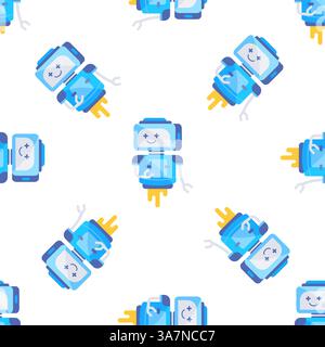 Cute flying robots seamless pattern on white background Stock Vector