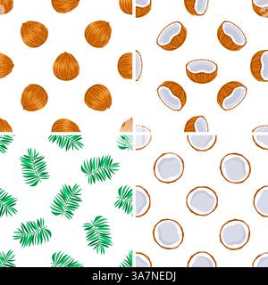 Seamless patterns with whole and halved coconuts and palm leaves on white background Stock Vector