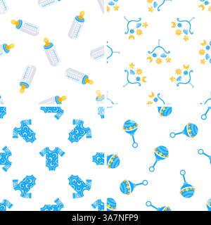 Four seamless patterns with baby boy items for shower party celebrating, newborn care and first year of life Stock Vector
