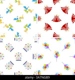 Seamless pattern with colorful amusement park attractions featuring bumper cars, ferris wheel, circus tent and balloons Stock Vector