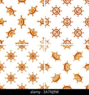 Nautical vector seamless patterns with ship wheels and anchors, repeating marine symbols on white background Stock Vector