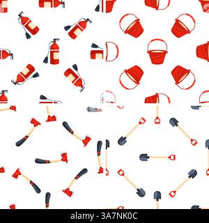 Firefighting tools seamless pattern showing fire extinguishers, buckets, axes and shovels Stock Vector