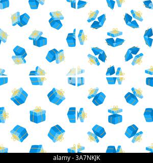 Seamless pattern of blue gift boxes with gold ribbons floating on white background Stock Vector