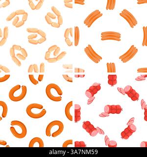 Seamless patterns with different types of sausages forming various compositions Stock Vector
