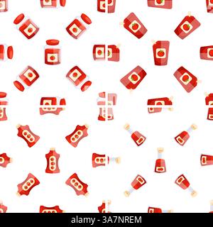 Seamless pattern with ketchup bottles, jars and sachets showing different packaging for tomato sauce Stock Vector