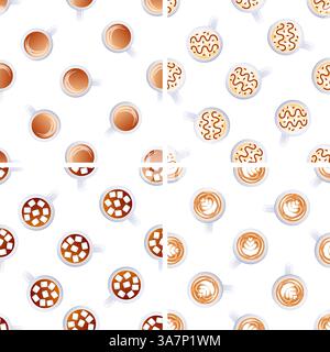 Seamless pattern with various types of coffee presenting latte art, chocolate topping and marshmallows Stock Vector
