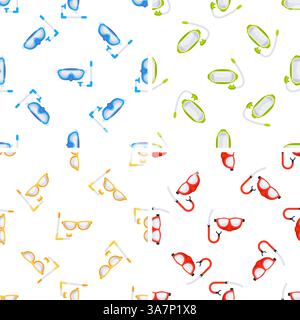 Colorful diving masks and snorkels forming a seamless pattern on white background Stock Vector