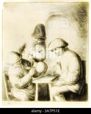 Three individuals are gathered around a table, engaged in a focused conversation. One person appears to hold a vessel, while the others attentively observe and participate in the discussion. Their clothing suggests a historical or rustic context, accentuating the intimacy of the moment shared among them., Classic art with a modern twist reimagined by Artotop, The Empty Jug, c. 1653, Adriaen van Ostade, Dutch, 1610-1685, Holland, Etching in black on ivory laid paper Stock Photo
