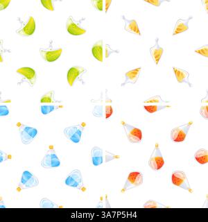 Seamless pattern with colorful magic potions in bottles and vials, repeating on white background Stock Vector